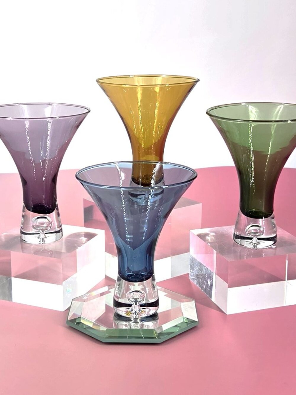 Artland VTG Set 4 Jewel Tone Mini Bubble Martini Glasses/Barware Bubble Base